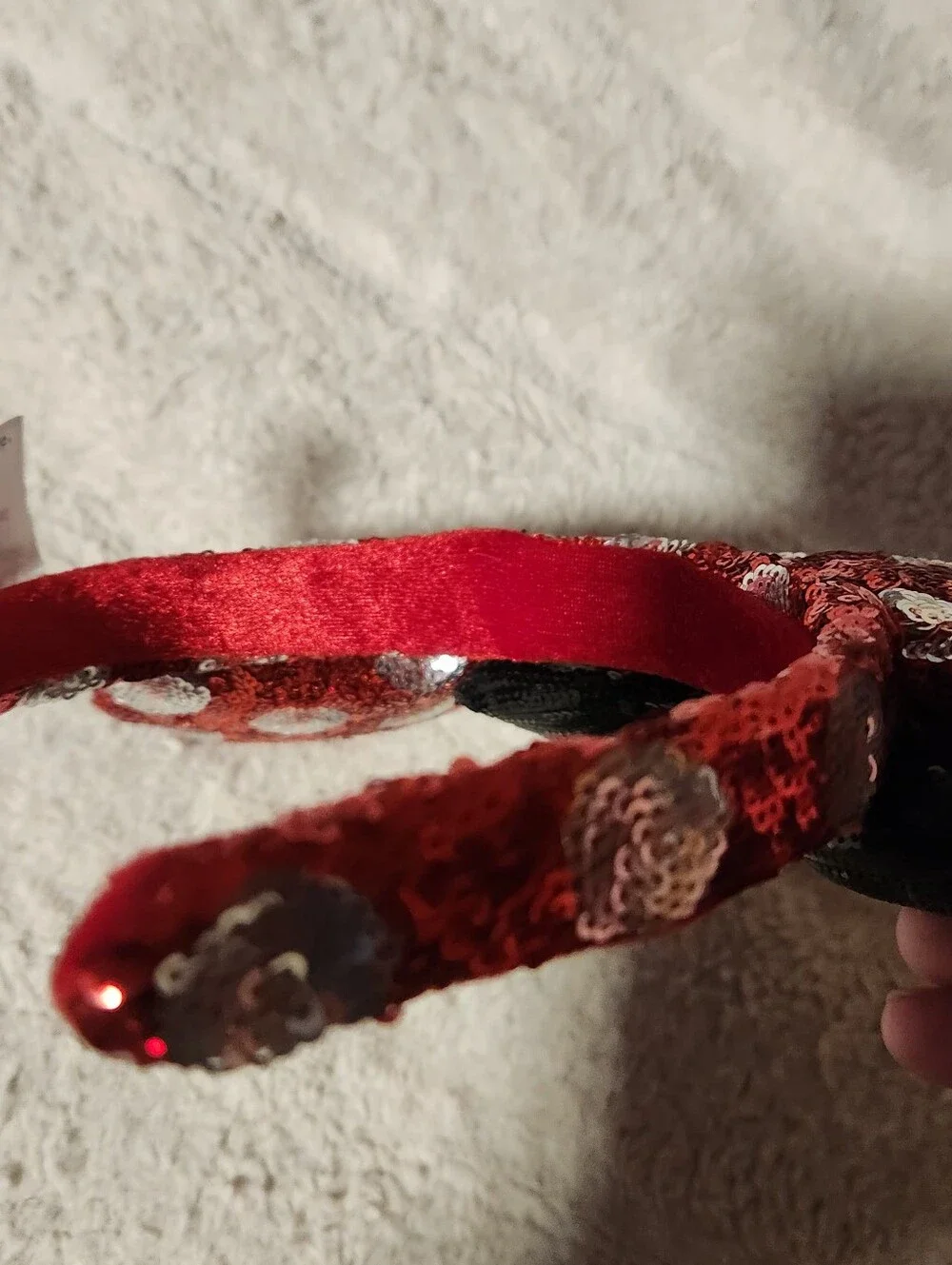 Disney Parks Minnie Mouse Ear Headband Red/Silver Polka Dots Black Bow Sequins
